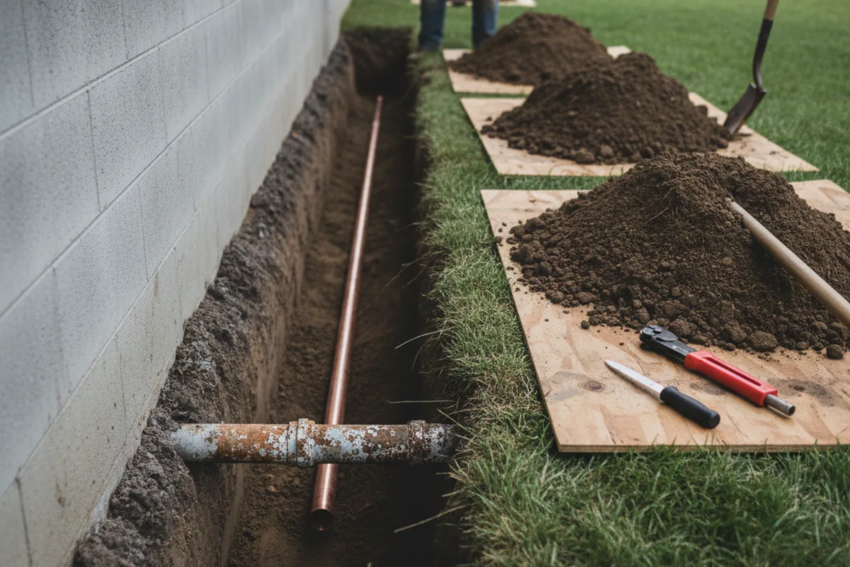 Excavated water line trench during Sewer Line Repair in Mckeesport
